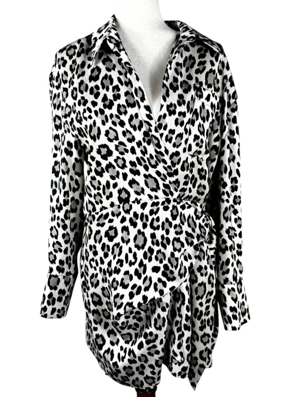 ZARA Animal Print Wrap Shirt Dress Tan Brown Black Size Large